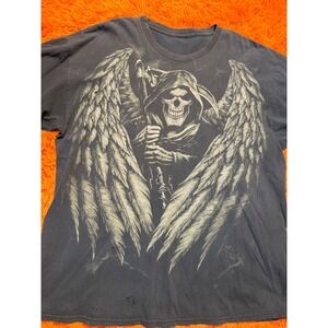 Vintage Grim Reaper Graphic Tee Faded Black Gothic Winged Scythe Mens T-Shirt